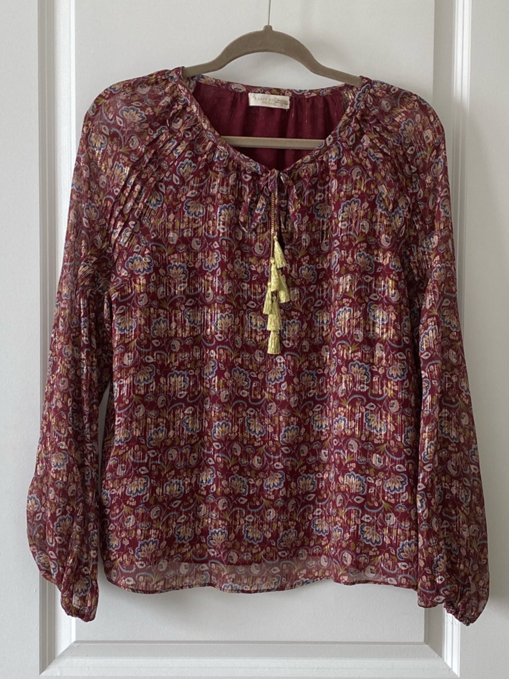 Gorgeous  Ramy Brook silk blouse in Berry Paisley with gold chain tassels